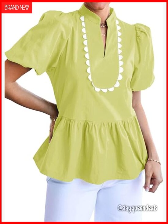 Tops - Puff Sleeve Peplum Blouse V Neck Babydoll Top Loose Fit
